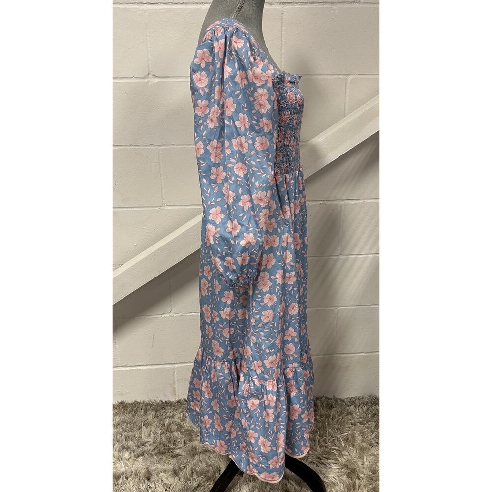 Dondolo Blue Pink Floral Smocked Scallop Hem Midi Dress Woman’s Size Large - Picture 5 of 11
